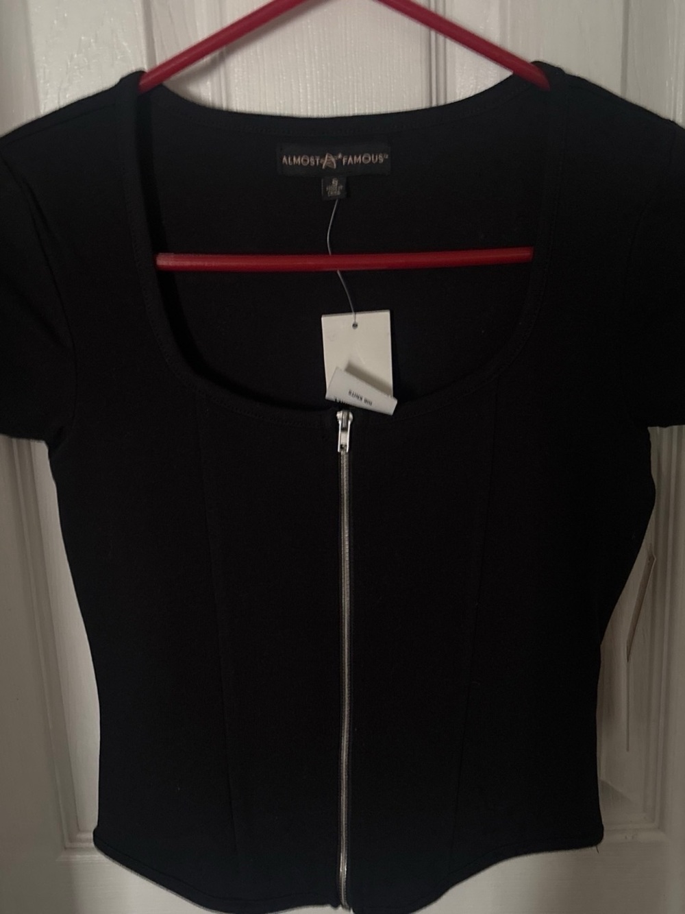 Almost Famous Black Short-Sleeve Zip-Front Scoop Crop Top